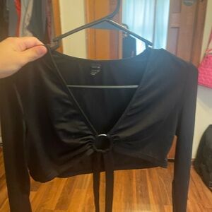 SHEIN Black Long Sleeve Tie Front Crop Blouse